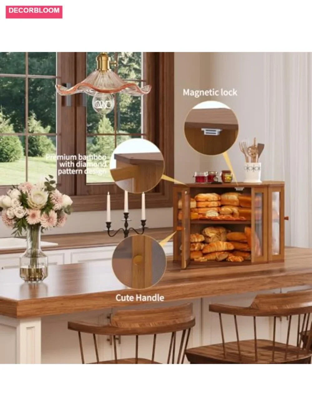 Bamboo Corner Bread Box, Double Layer Kitchen Countertop Storage with Acrylic